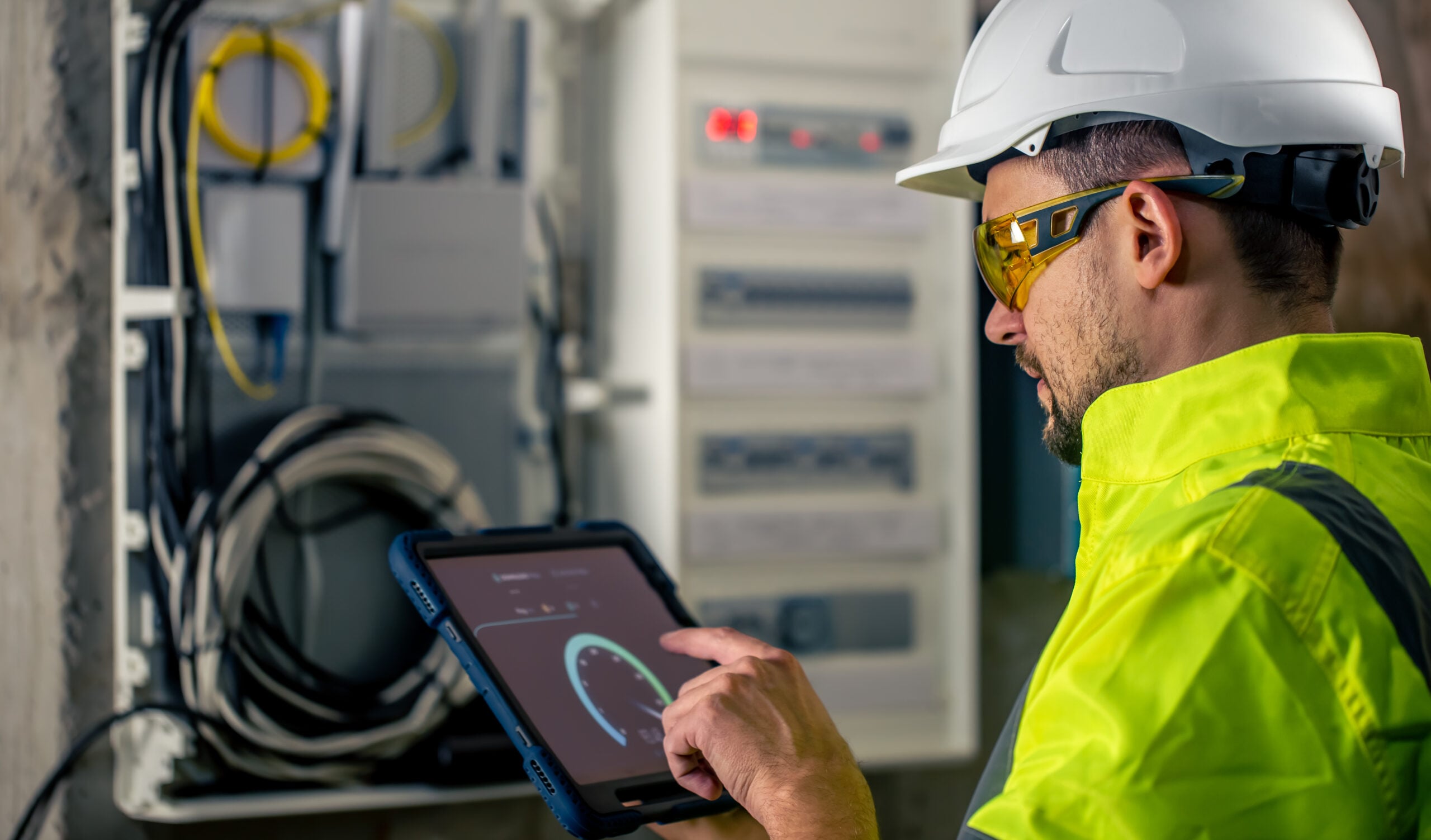 man electrical technician working switchboard with fuses uses tablet scaled